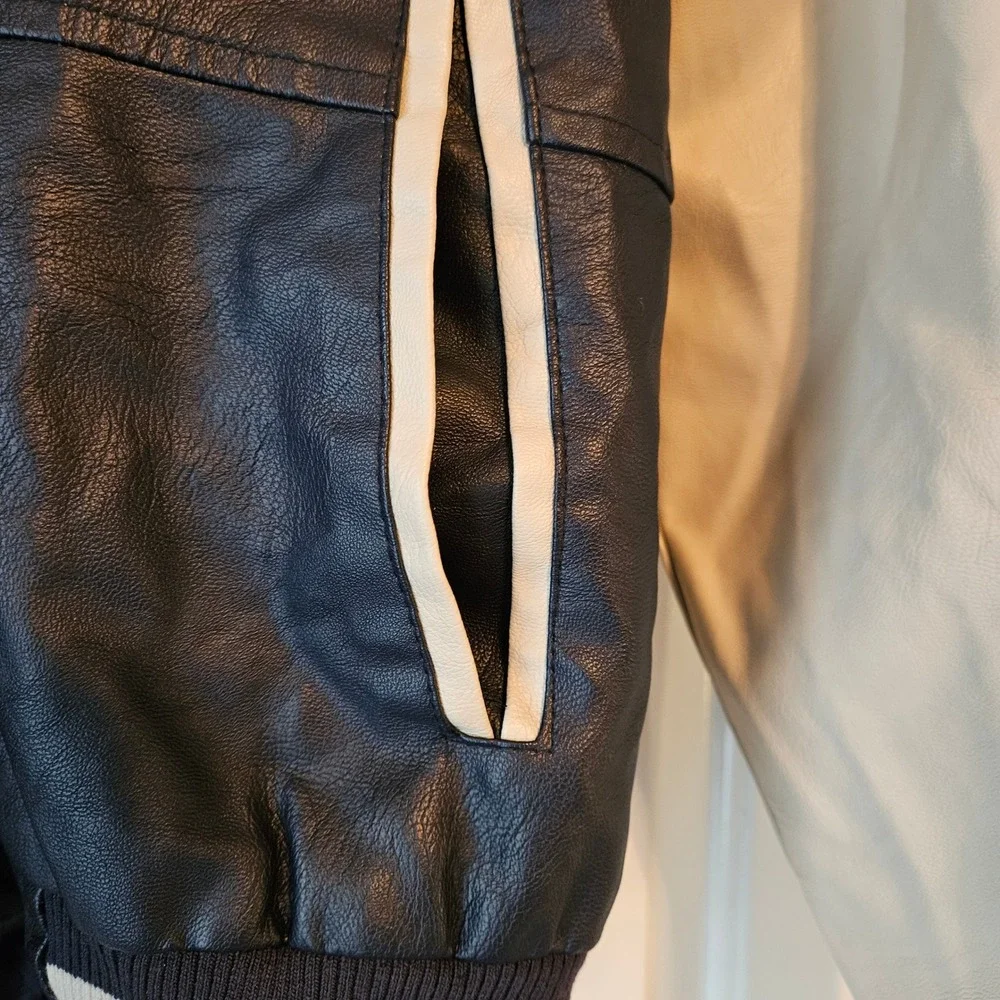 Aeropostale Bomber Varsity Letter Jacket Navy Faux Leather Mens Medium Hoodie‎